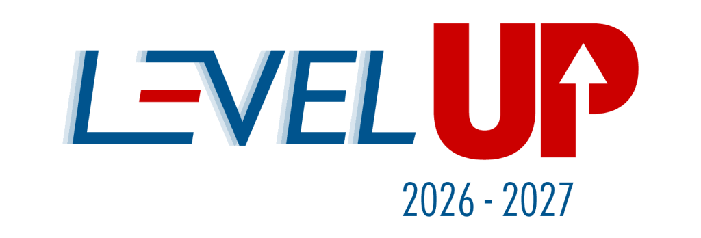A logo for "LEVEL UP 2026-2027" featuring bold blue and red text with an upward arrow integrated into the letter "P".
