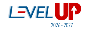 A logo for "LEVEL UP 2026-2027" featuring bold blue and red text with an upward arrow integrated into the letter "P".